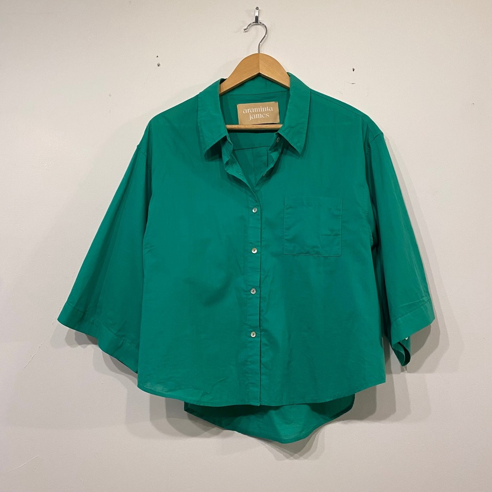 Araminta James Green Cotton Button Down Shirt Wide 3/4 Sleeve S Anthropologie